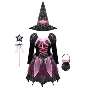 Conjunto Fantasia Infantil Bruxa – Vestido, Chapéu, Varinha e Bolsa