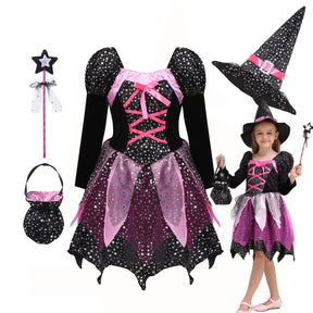 Conjunto Fantasia Infantil Bruxa – Vestido, Chapéu, Varinha e Bolsa